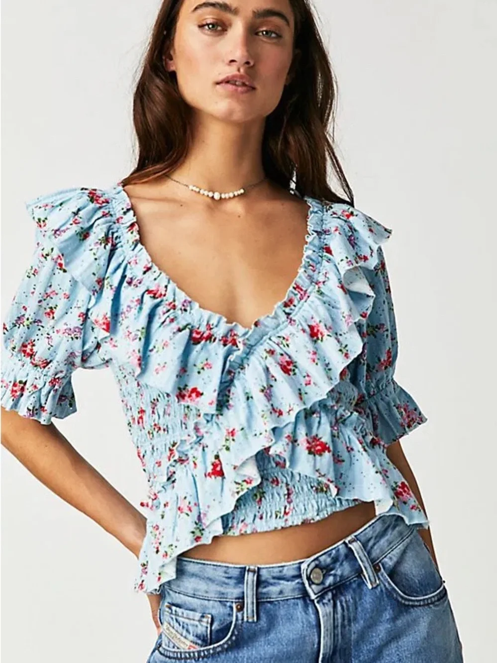 FREE PEOPLE Favorite Girl Blue Floral Ruffle Cropped Blouse